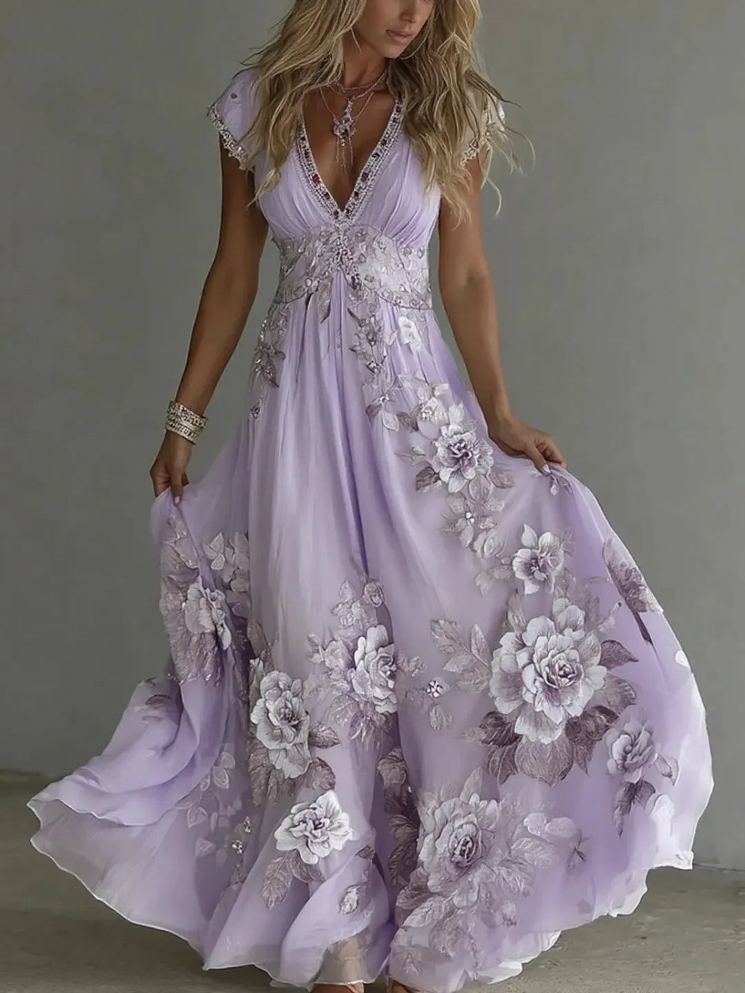 Aurielle™ | Embroidered Floral Chiffon Maxi Dress