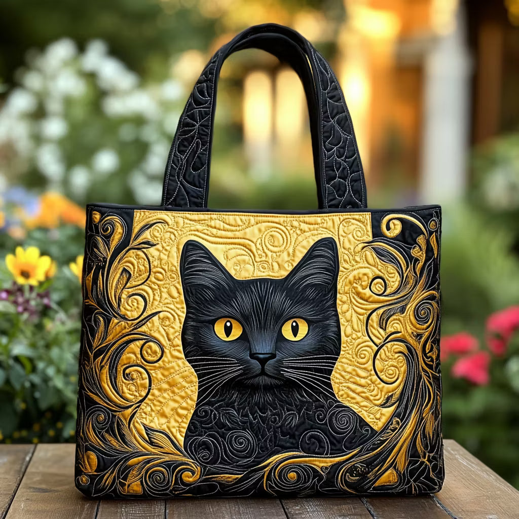 Beatrix™ | Golden Black Cat Quilted Tote Bag