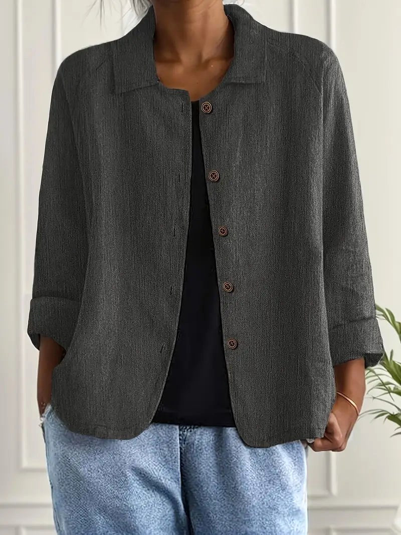 Zelina™ | Charcoal Textured Relaxed Button-Front Blouse