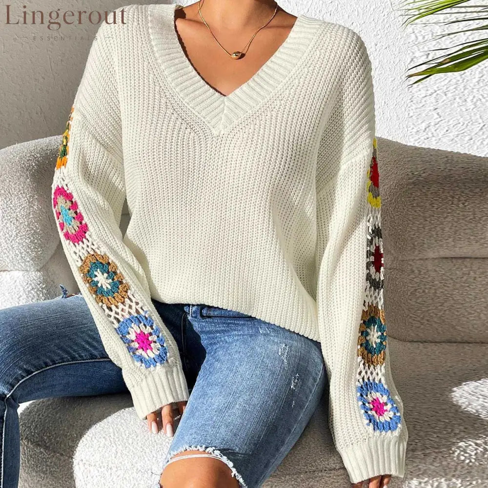 Lorraine™ | Crochet Flower V-Neck Knit Sweater