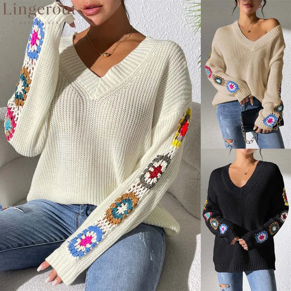 Lorraine™ | Crochet Flower V-Neck Knit Sweater