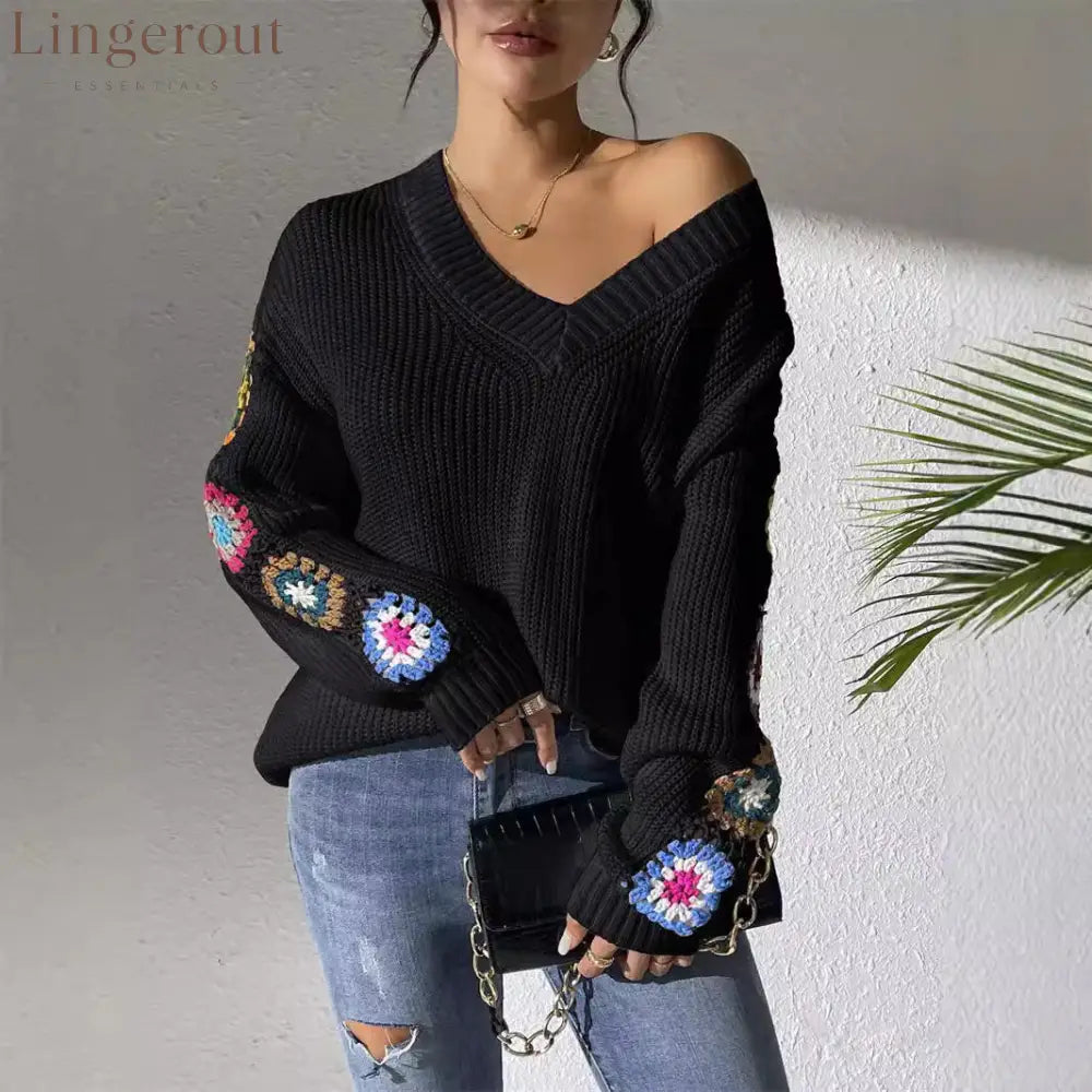 Lorraine™ | Crochet Flower V-Neck Knit Sweater