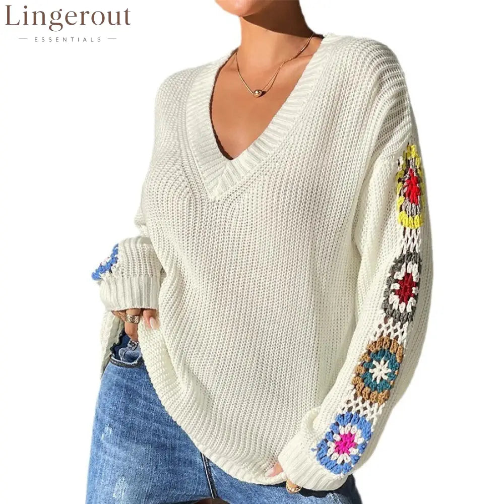 Lorraine™ | Crochet Flower V-Neck Knit Sweater