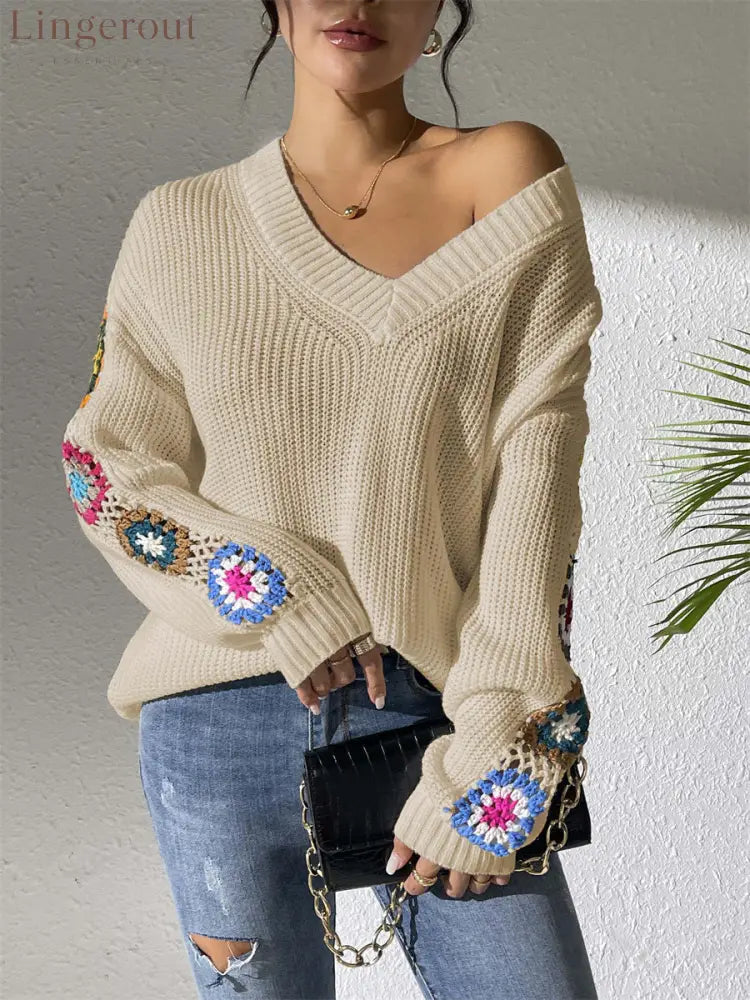 Lorraine™ | Crochet Flower V-Neck Knit Sweater