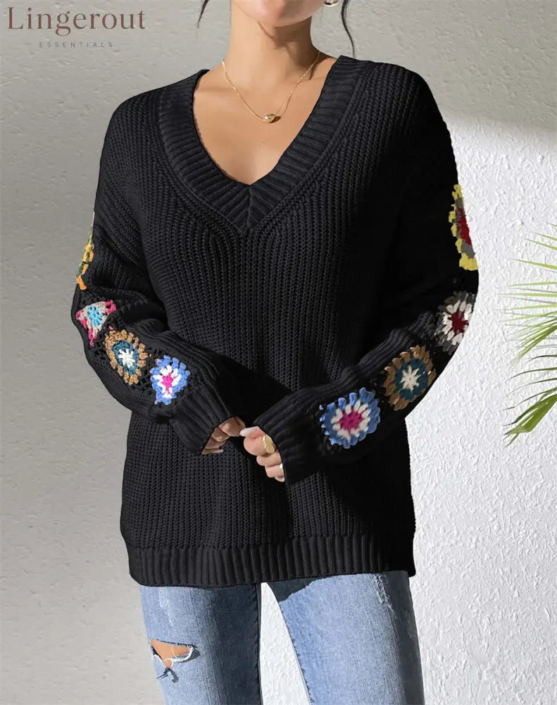 Lorraine™ | Crochet Flower V-Neck Knit Sweater