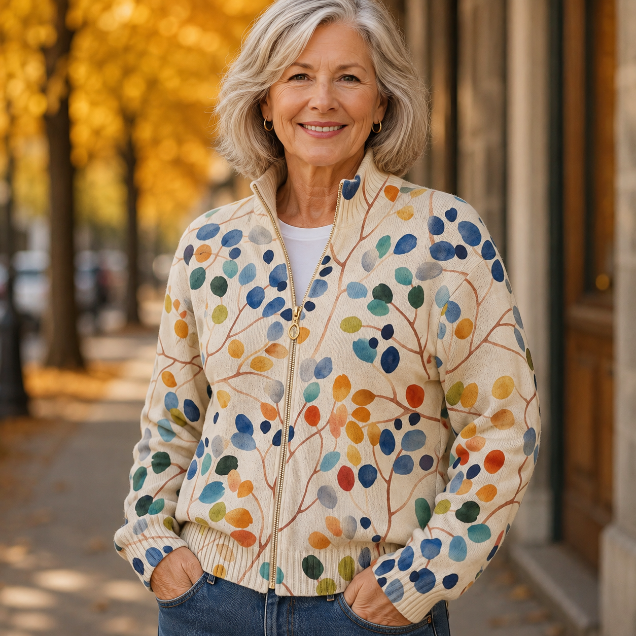 Greta™ | Colorful Botanical Leaf Zip-Up Cardigan