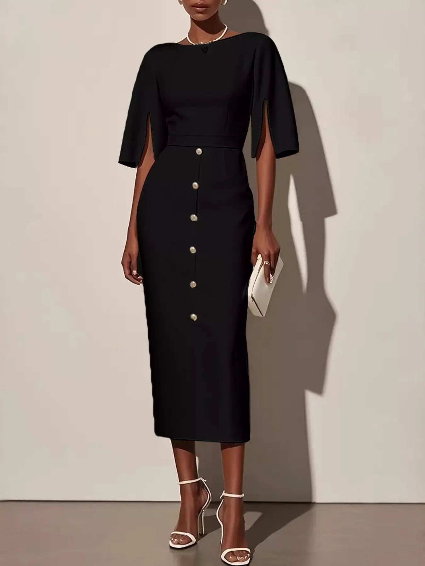Maristelle™ | Sculpted Button Detail Midi Dress