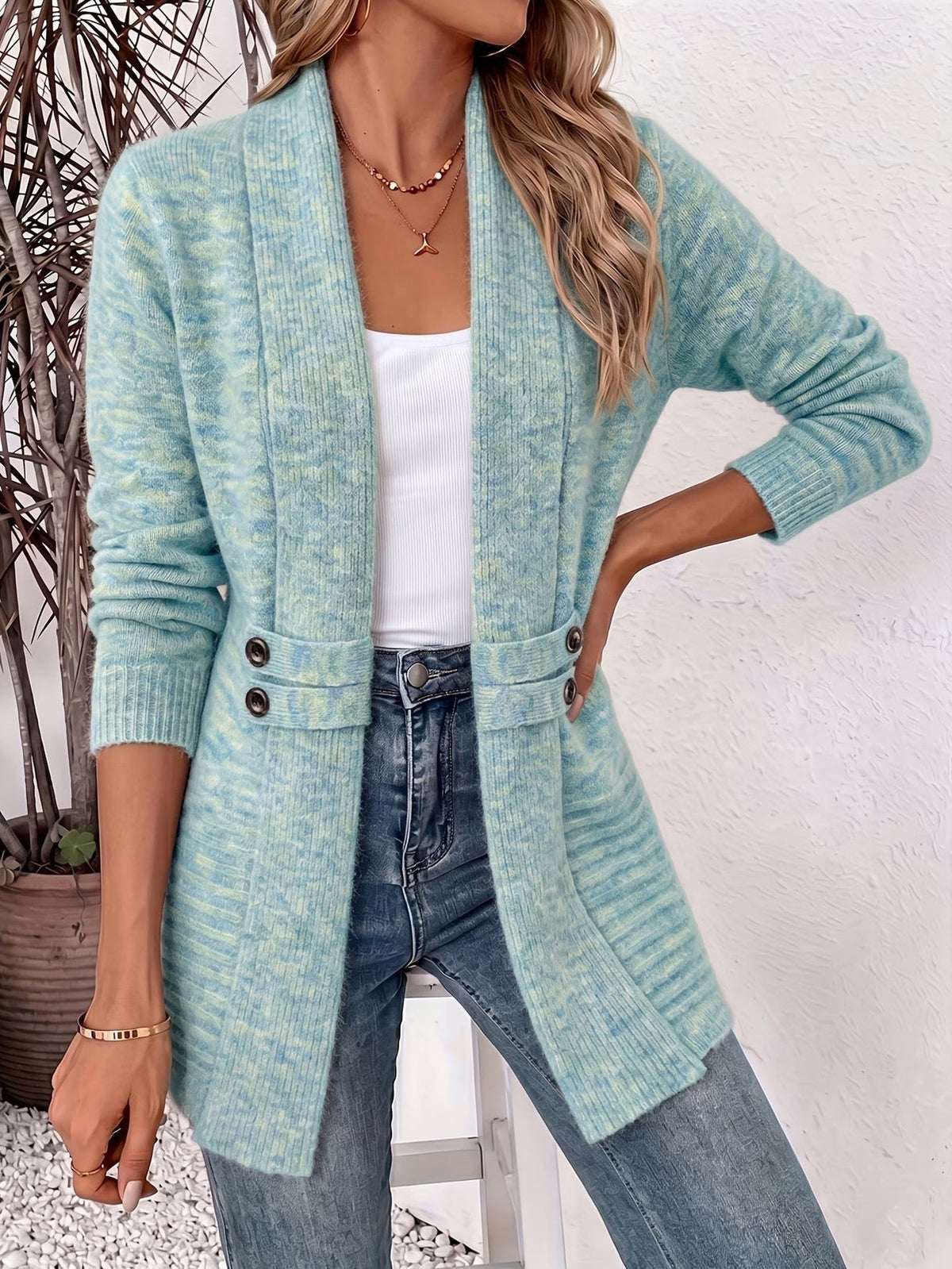Nova™ | Aqua Ribbed Button-Tab Cardigan