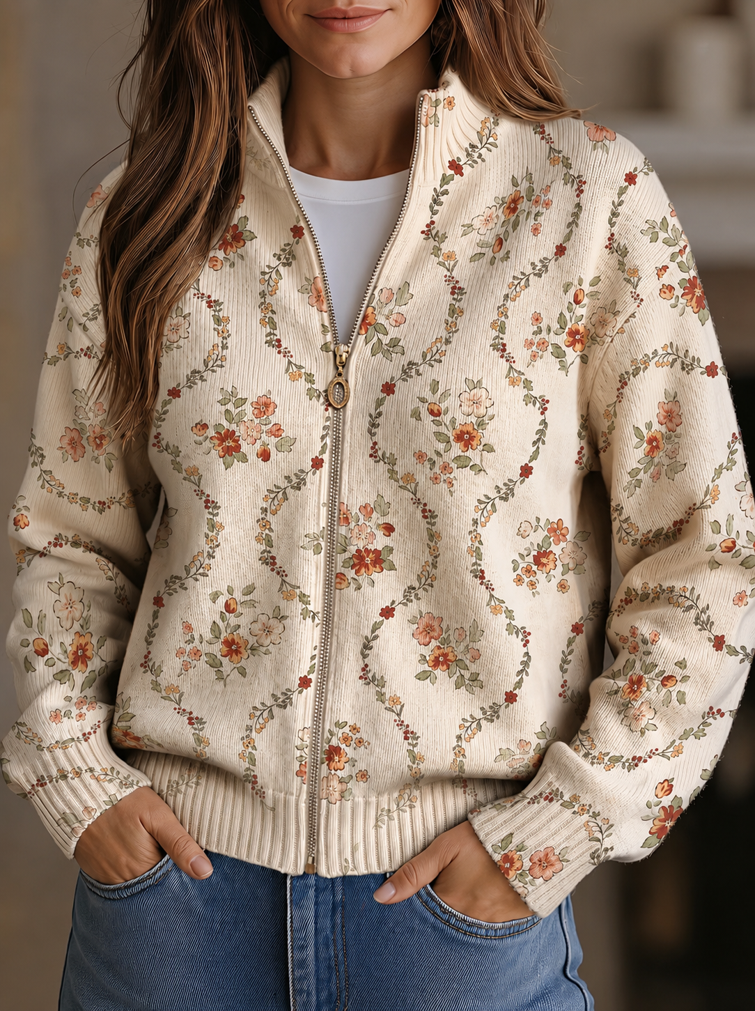 Darcie™ | Delicate Floral Vine Zip-Up Cardigan