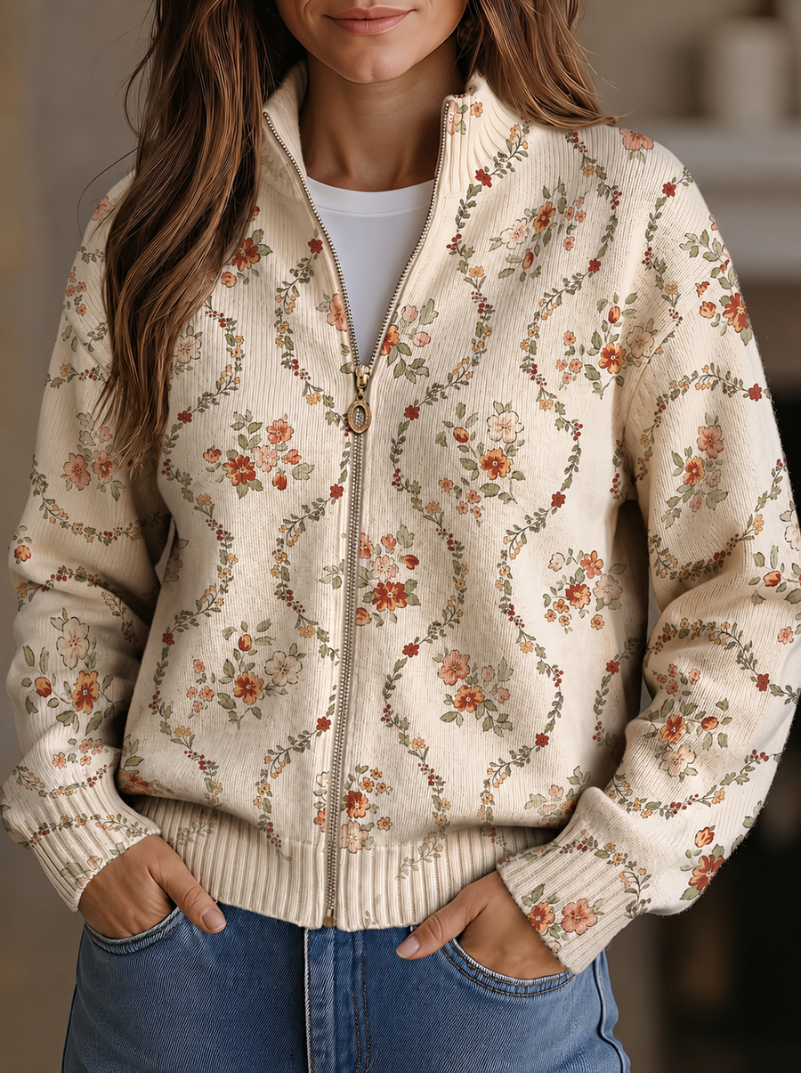 Darcie™ | Delicate Floral Vine Zip-Up Cardigan
