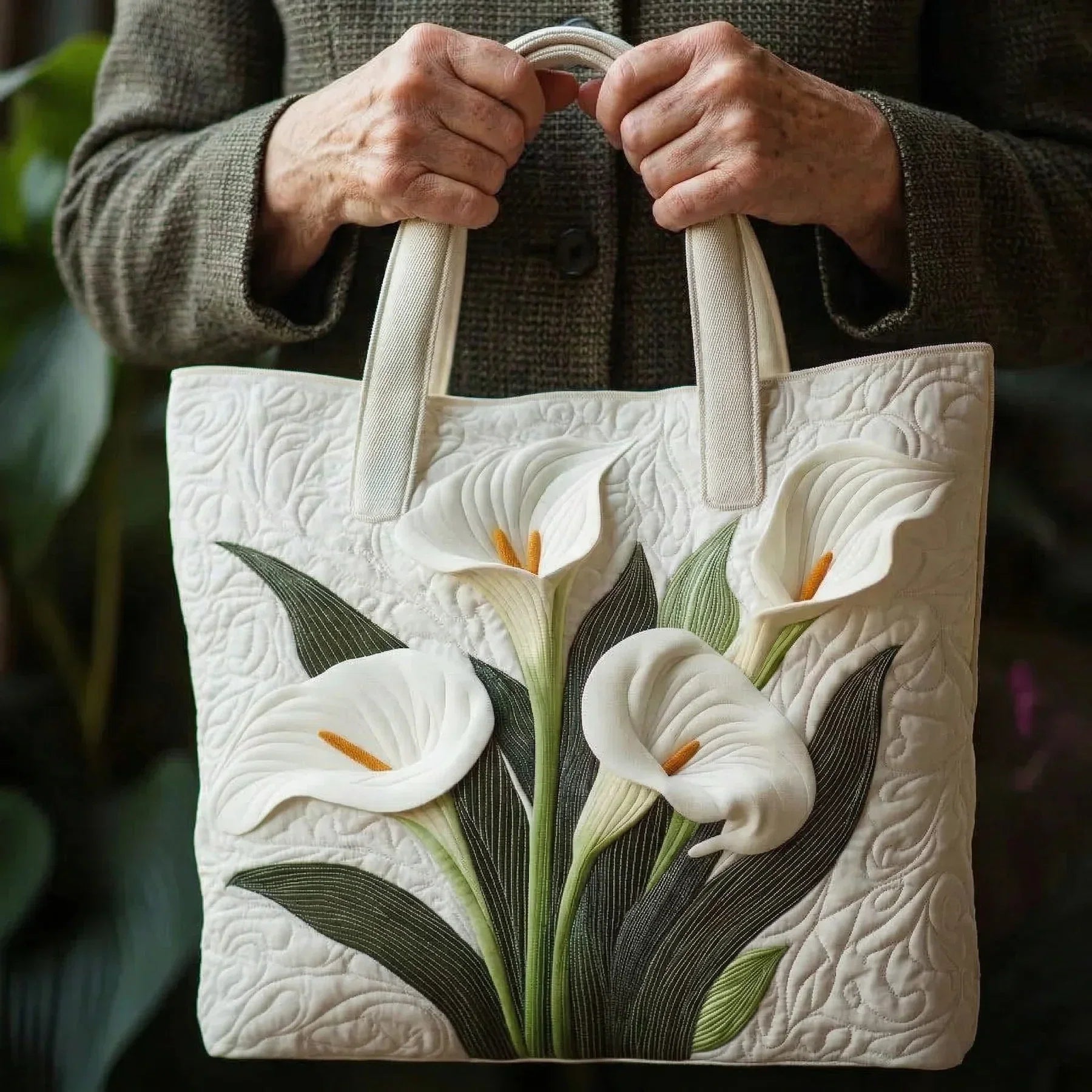 Lilies™ | Elegant White Calla Lily Quilted Tote Bag