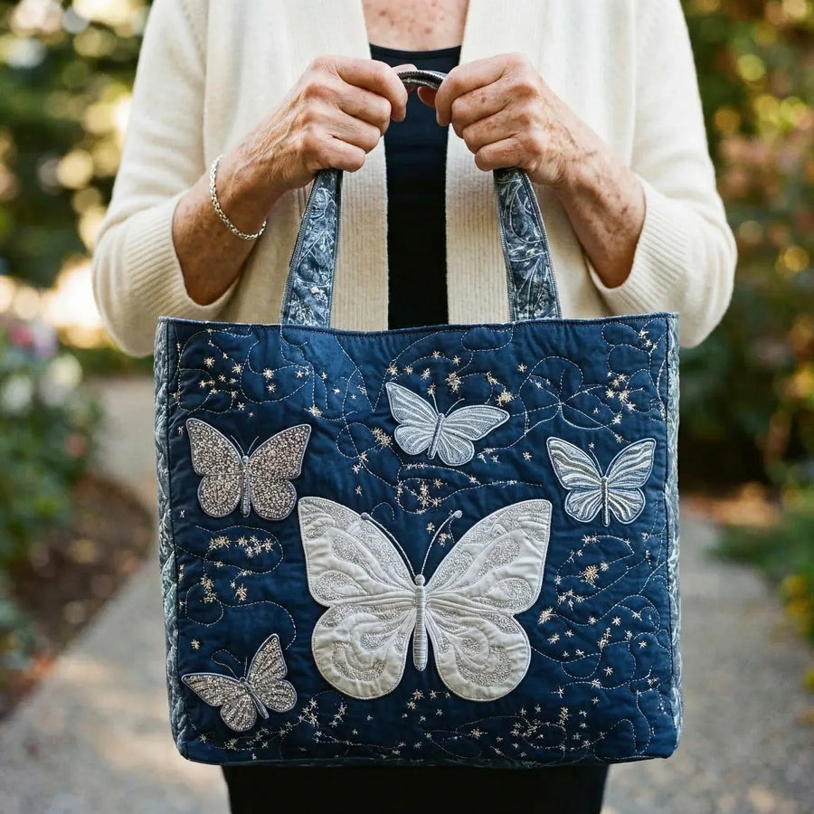 Mariposa™ | Silver Butterfly Midnight Quilted Tote Bag