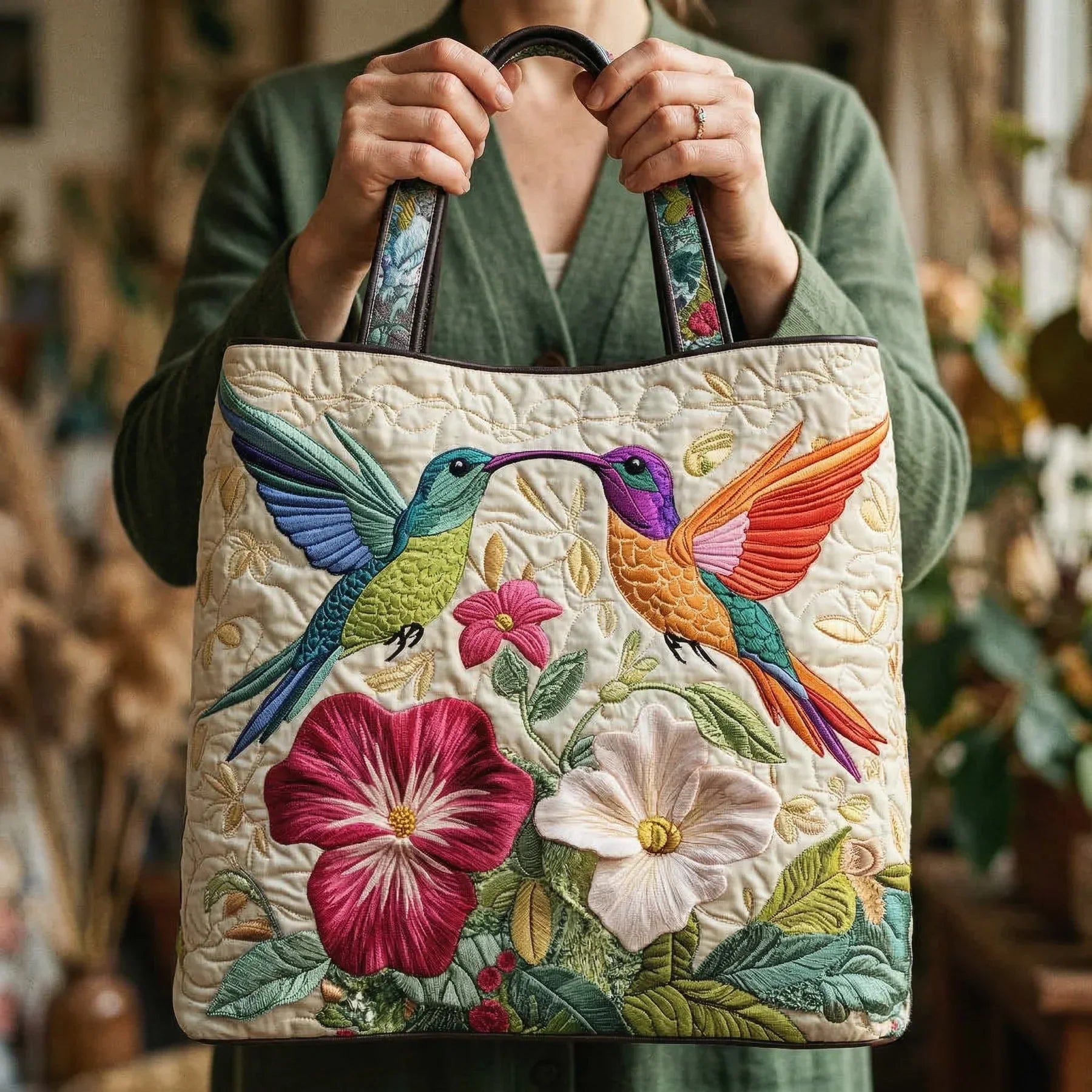 Calibra™ | Hummingbird Garden Floral Quilted Tote Bag