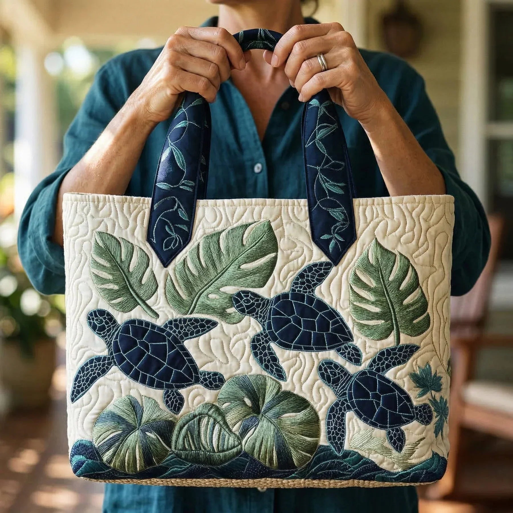 Oceana™ | Graceful Sea Turtle Family Quilted Tote Bag