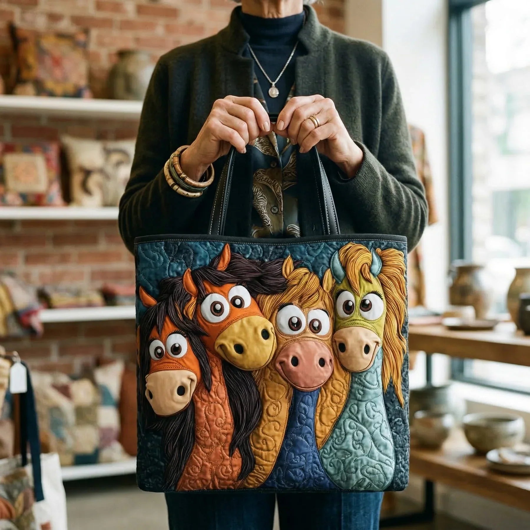 Tilly™ | Colorful Curious Ponies Quilted Tote Bag