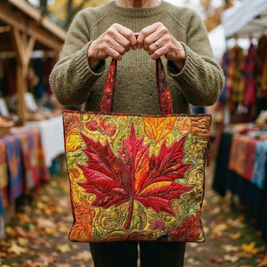 Autumnia™ | Crimson Maple Leaf Quilted Tote Bag