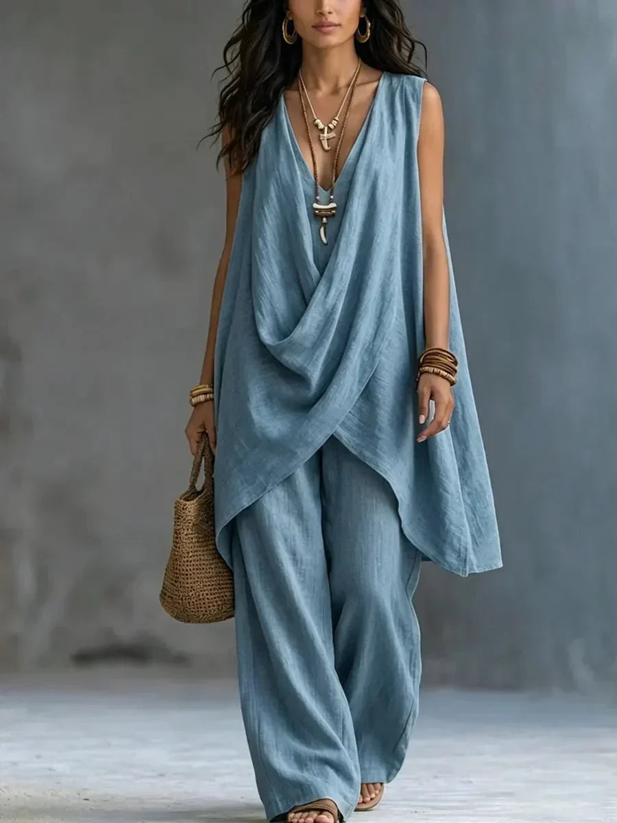 Maryse™ | Draped V-Neck Bohemian Two-Piece Set