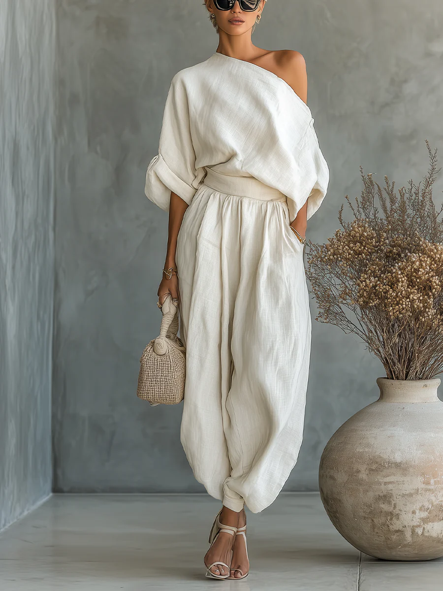 Magali™ | One-Shoulder Draped Top & Harem Pants Set
