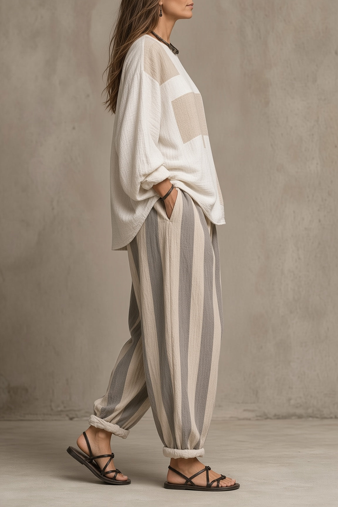 Theresa™ | Relaxed Patchwork Top & Striped Harem Pants Set