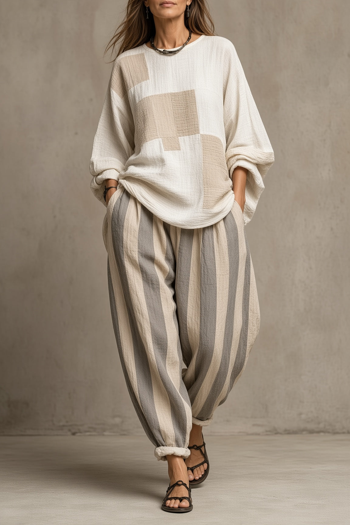 Theresa™ | Relaxed Patchwork Top & Striped Harem Pants Set