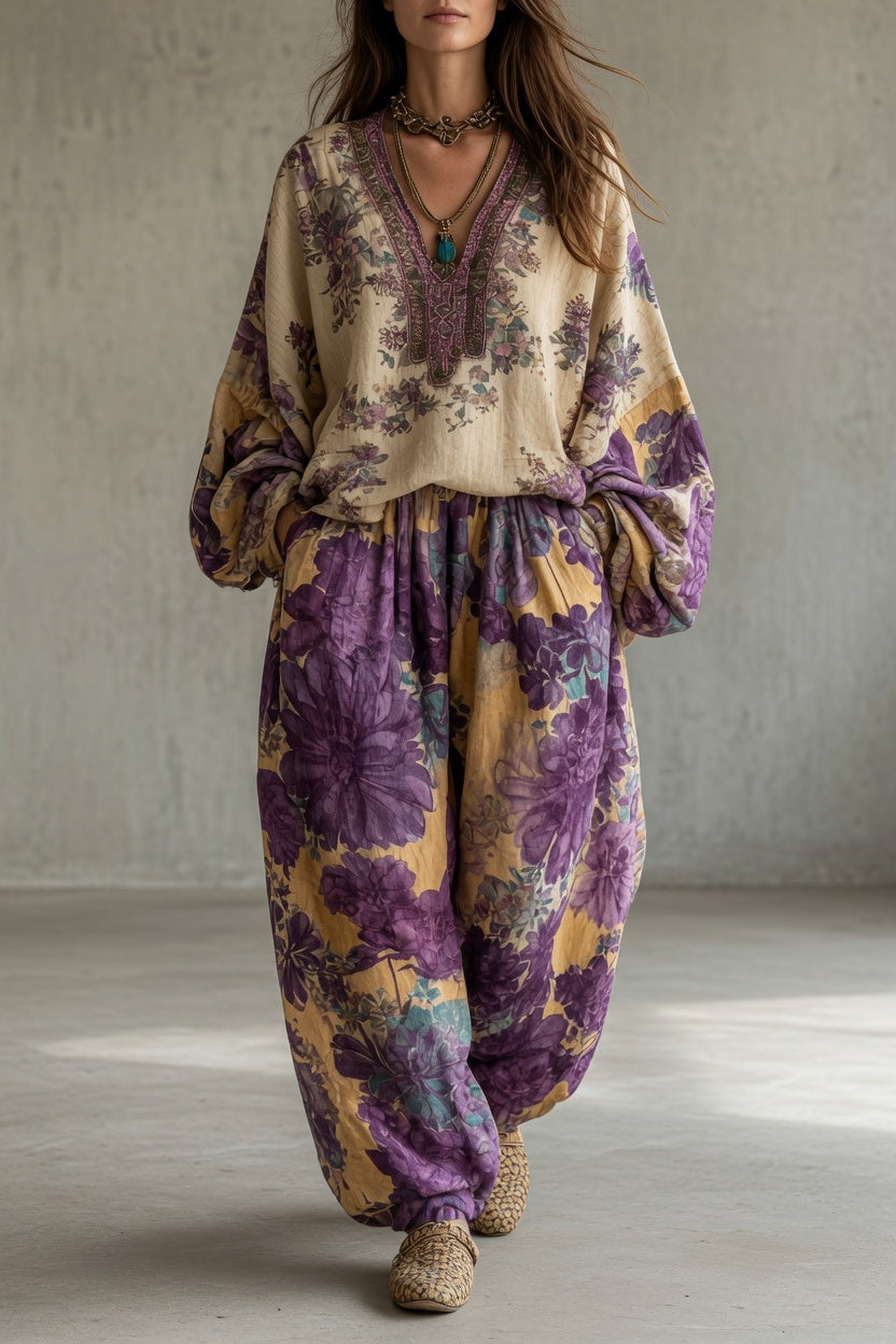 Luna™ | Bohemian Floral Blouse & Harem Pants Set