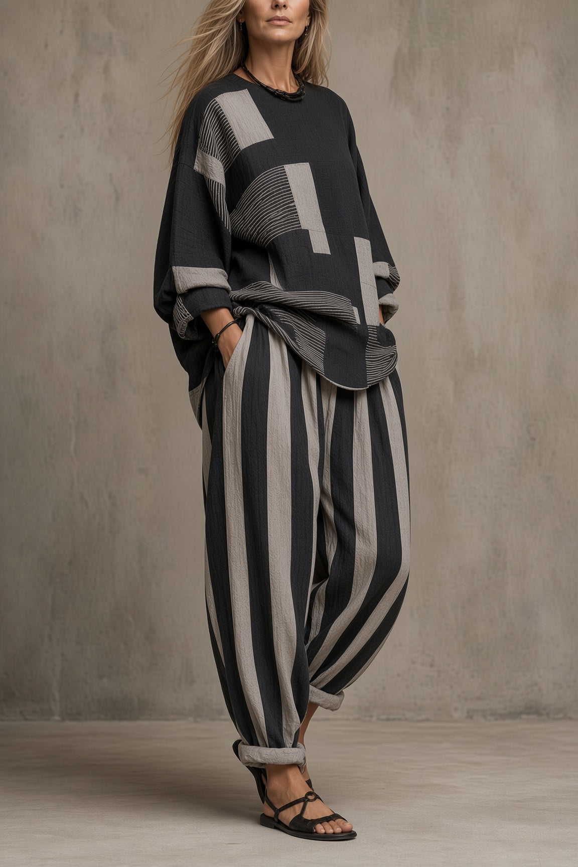 Theresa™ | Relaxed Patchwork Top & Striped Harem Pants Set
