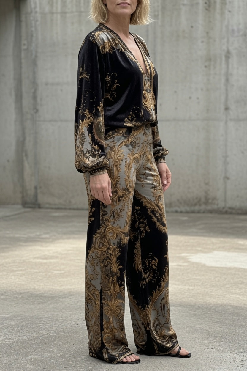 Tessa™ | Baroque Print Blouse & Wide-Leg Pants Set