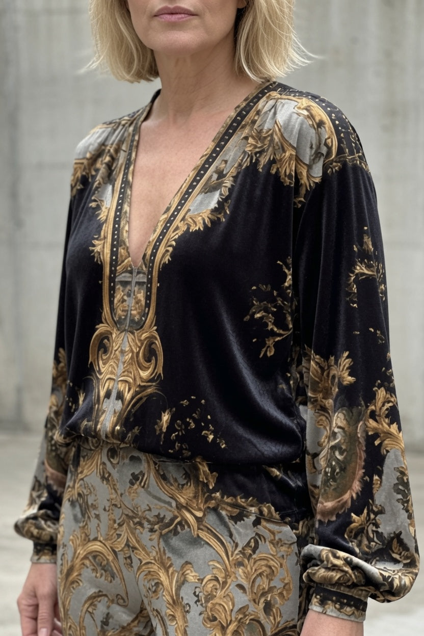 Tessa™ | Baroque Print Blouse & Wide-Leg Pants Set