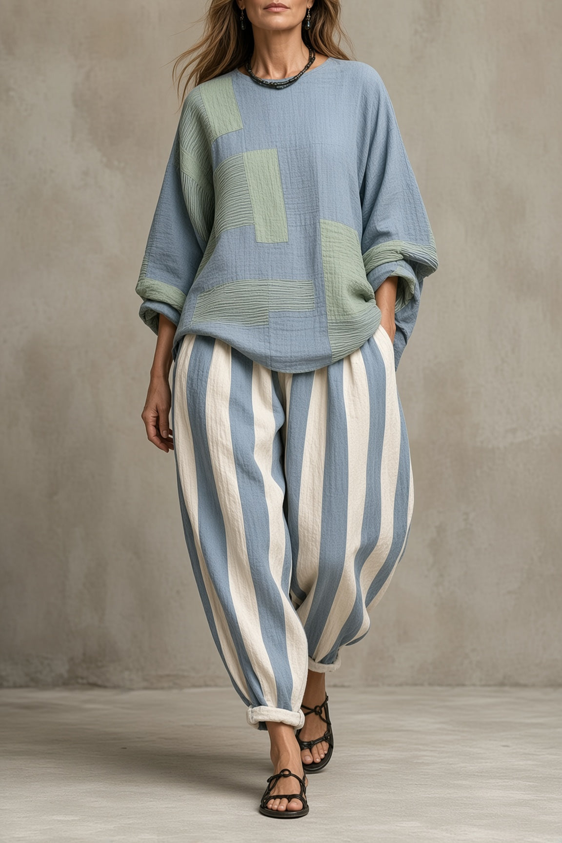 Theresa™ | Relaxed Patchwork Top & Striped Harem Pants Set