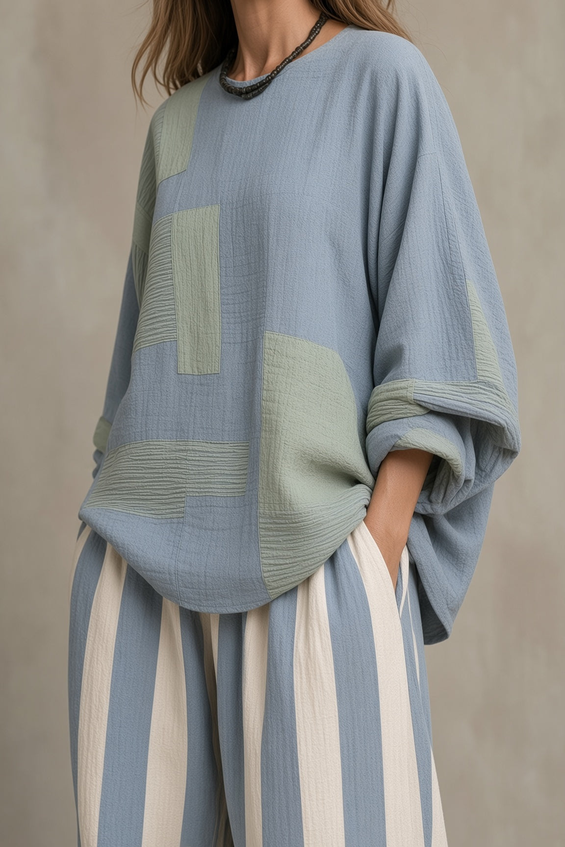 Theresa™ | Relaxed Patchwork Top & Striped Harem Pants Set