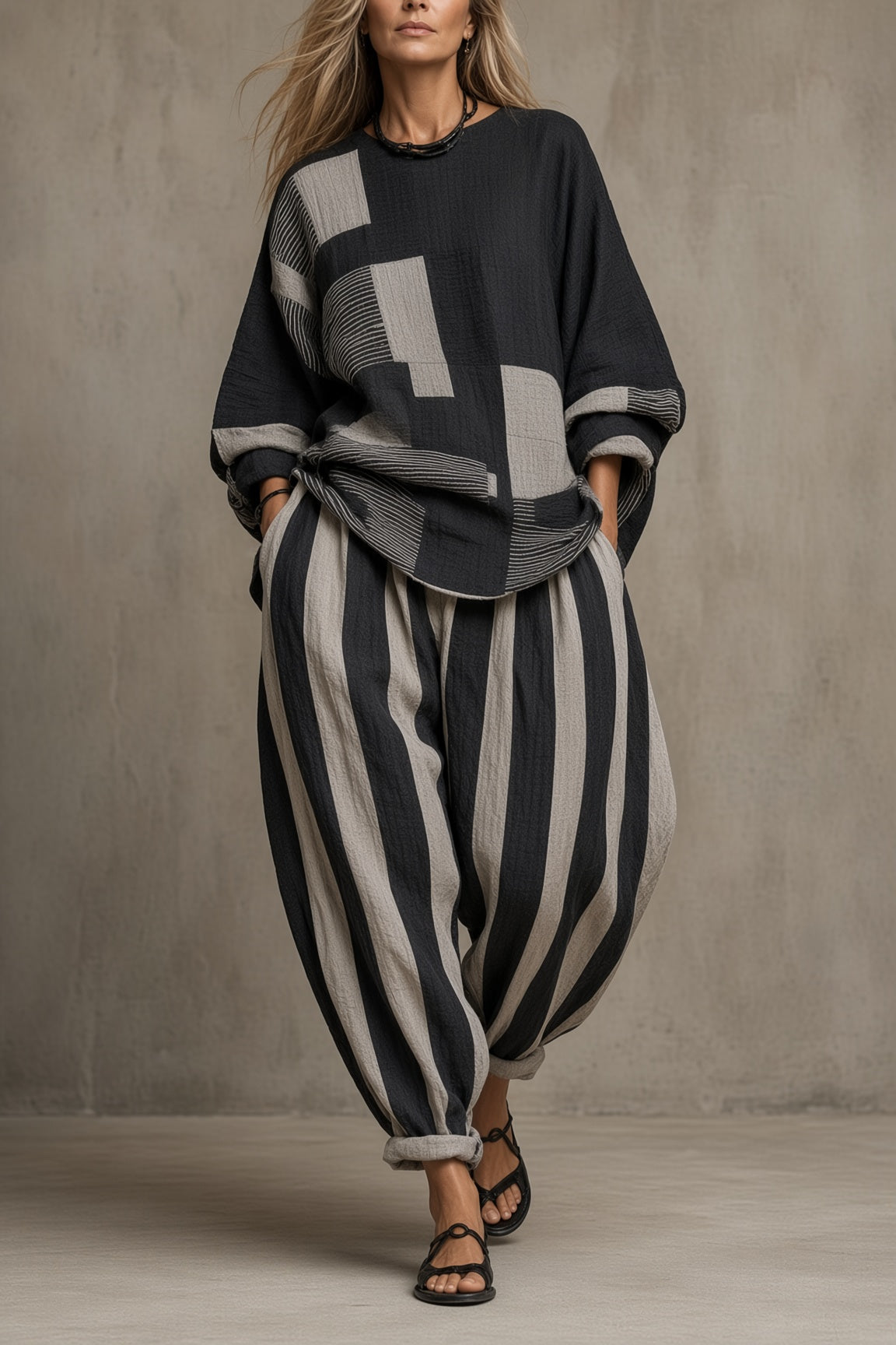 Theresa™ | Relaxed Patchwork Top & Striped Harem Pants Set