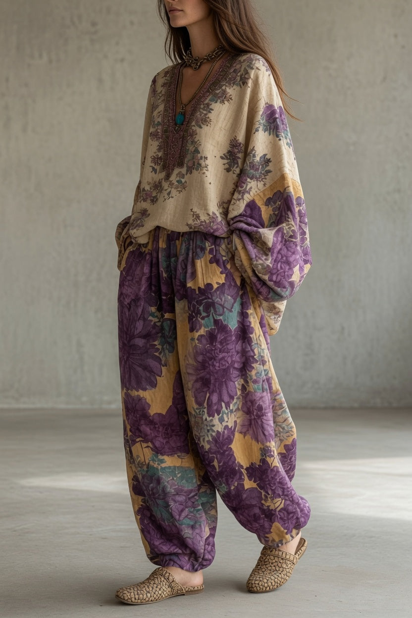 Luna™ | Bohemian Floral Blouse & Harem Pants Set