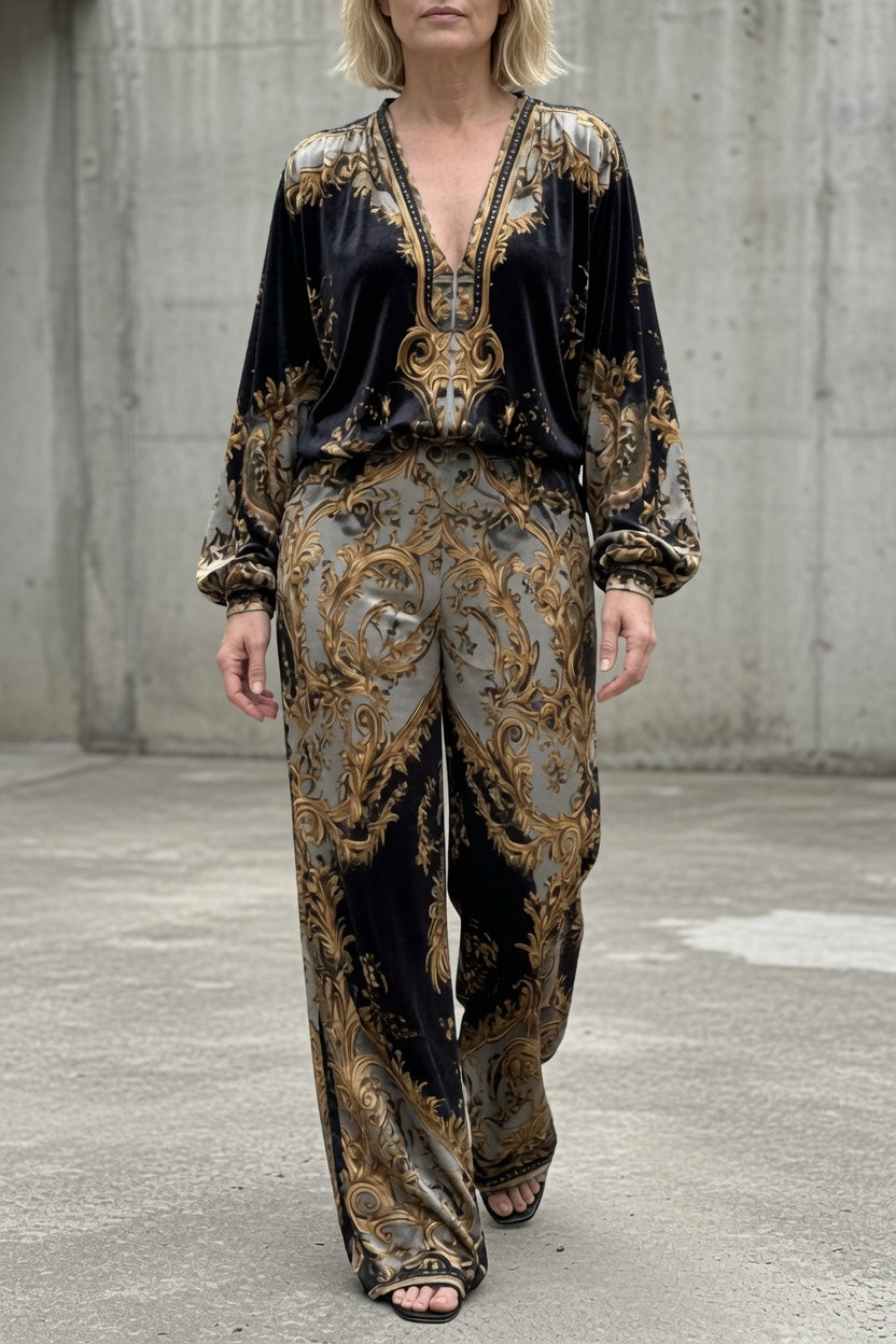 Tessa™ | Baroque Print Blouse & Wide-Leg Pants Set
