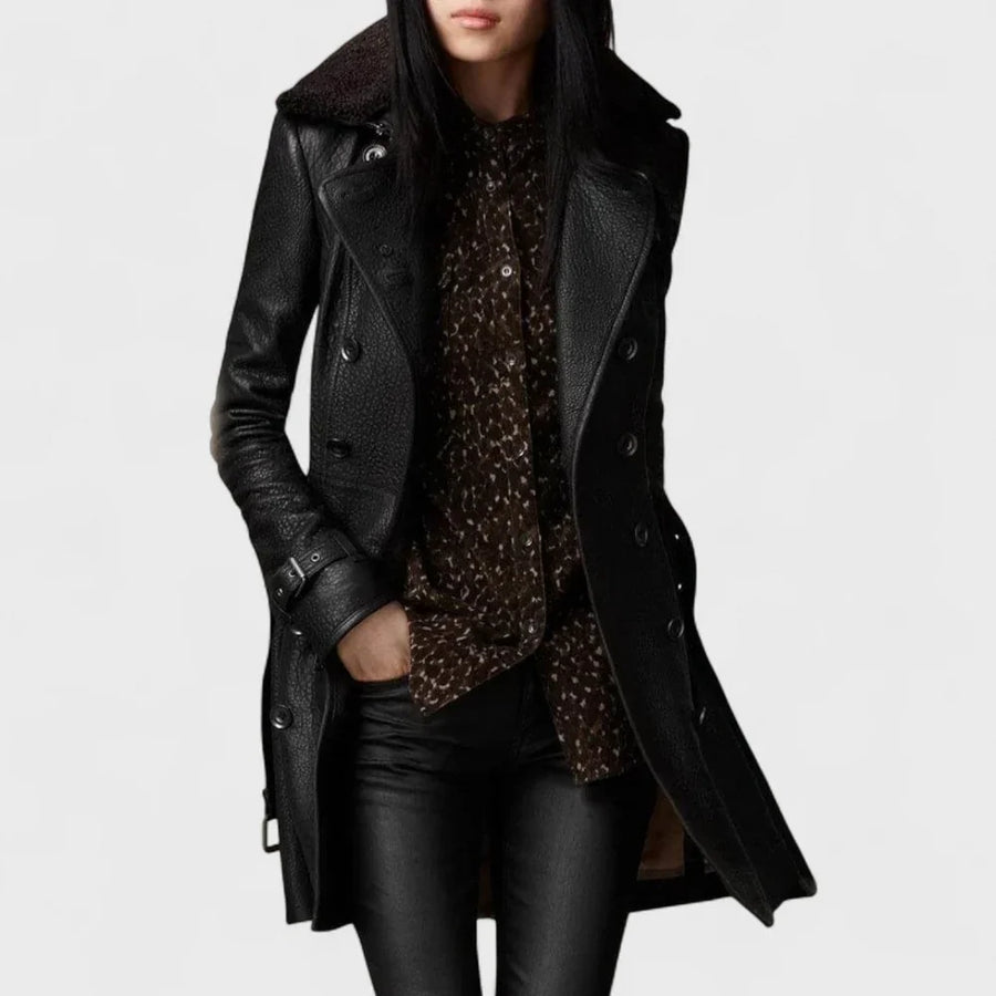 Velenoir™ | Elegant Longline Leather-Look Trench Coat
