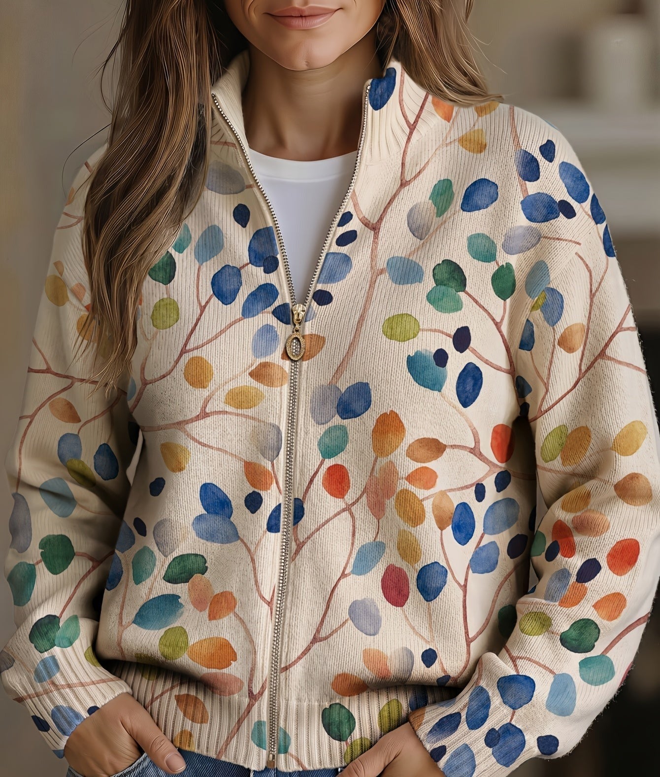 Greta™ | Colorful Botanical Leaf Zip-Up Cardigan