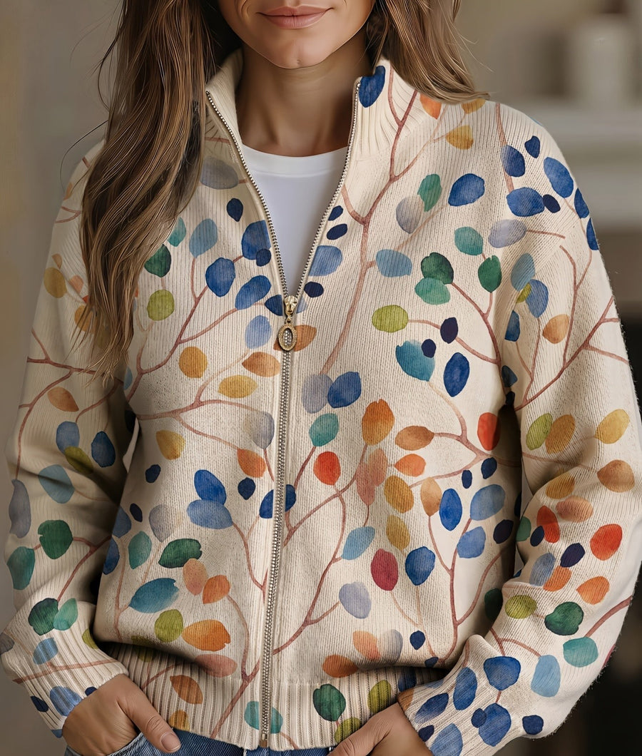 Greta™ | Colorful Botanical Leaf Zip-Up Cardigan