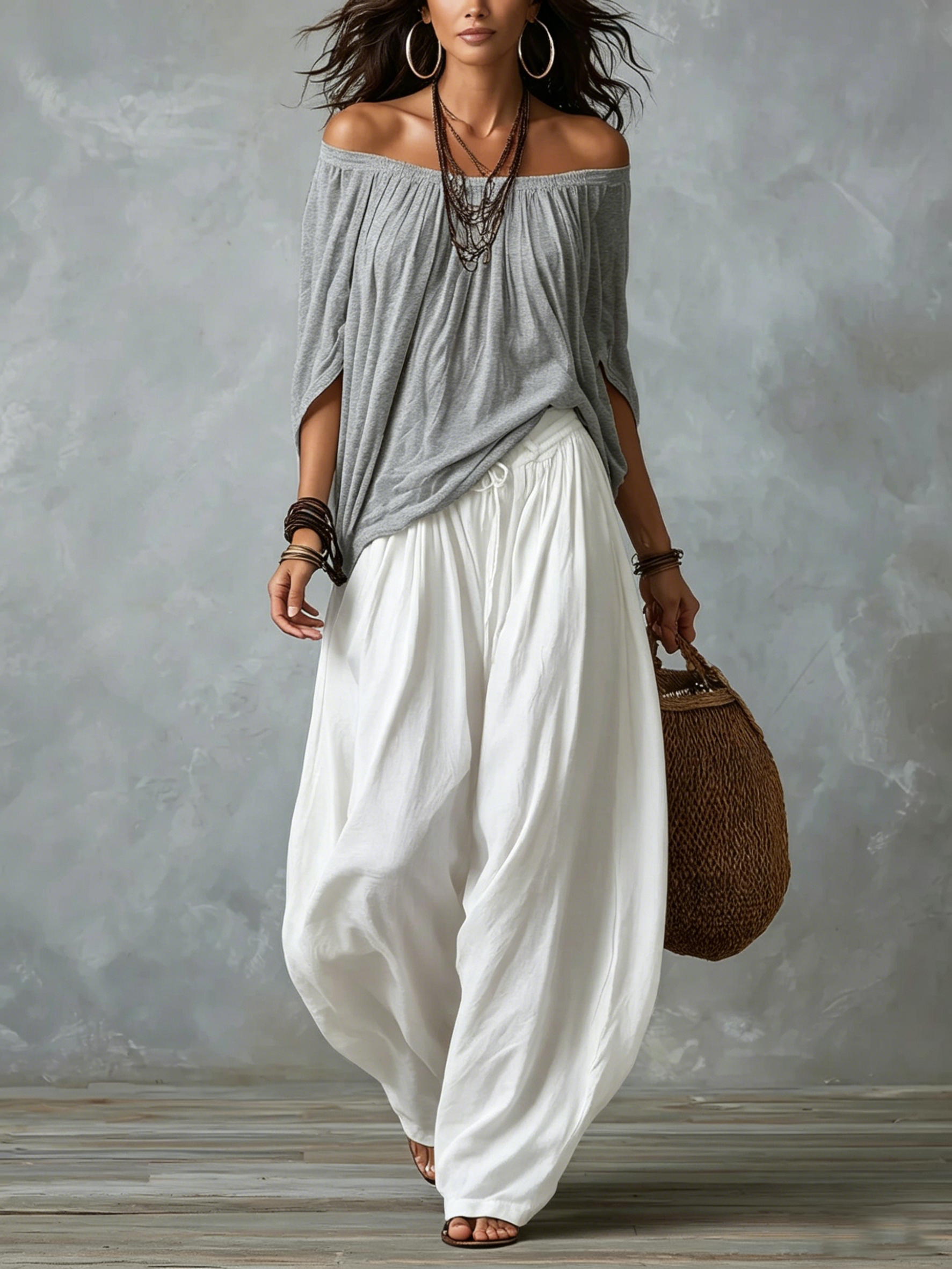 Morgane™ | Off-Shoulder Draped Top & Flowing Harem Pants Set