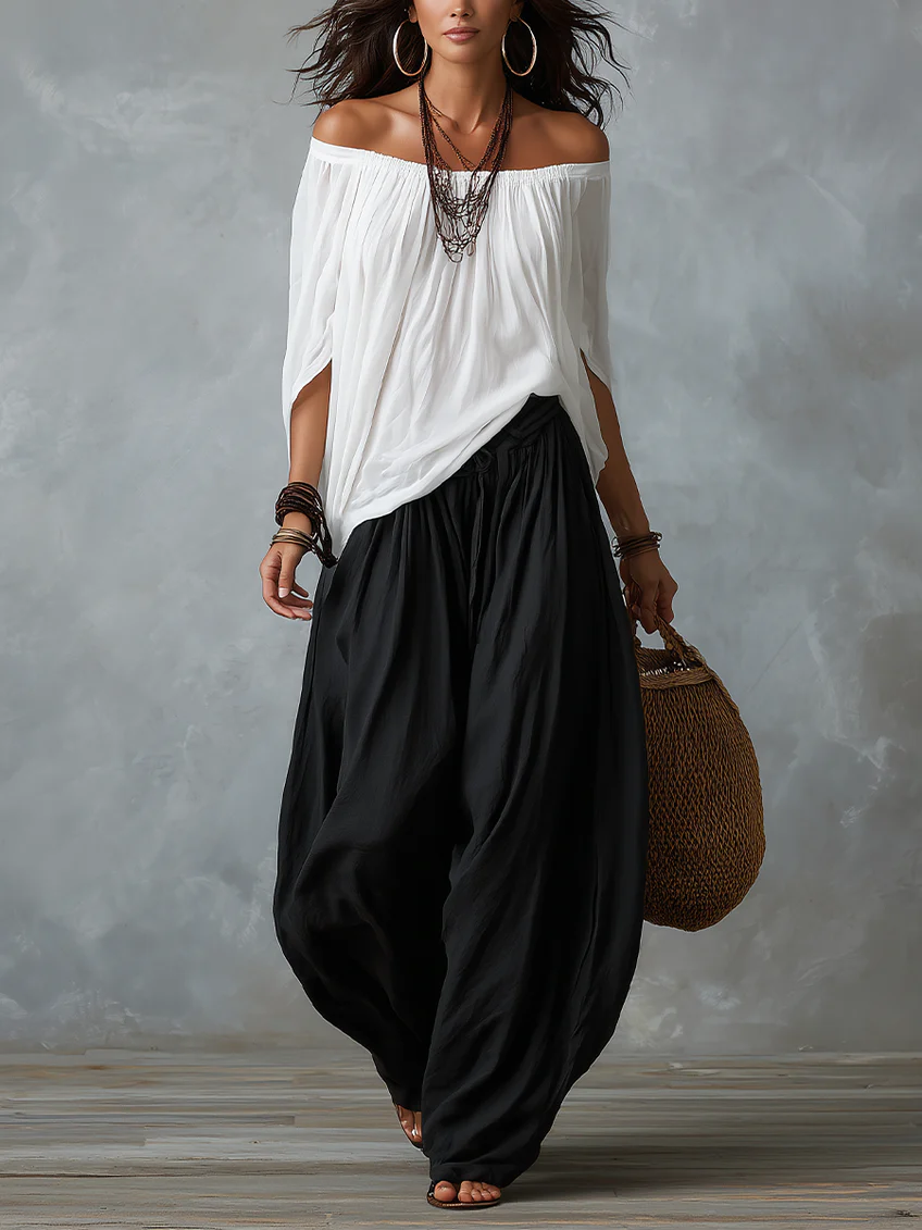 Morgane™ | Off-Shoulder Draped Top & Flowing Harem Pants Set