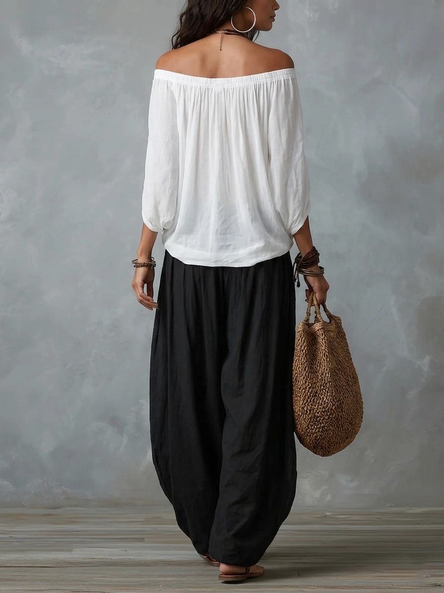 Morgane™ | Off-Shoulder Draped Top & Flowing Harem Pants Set