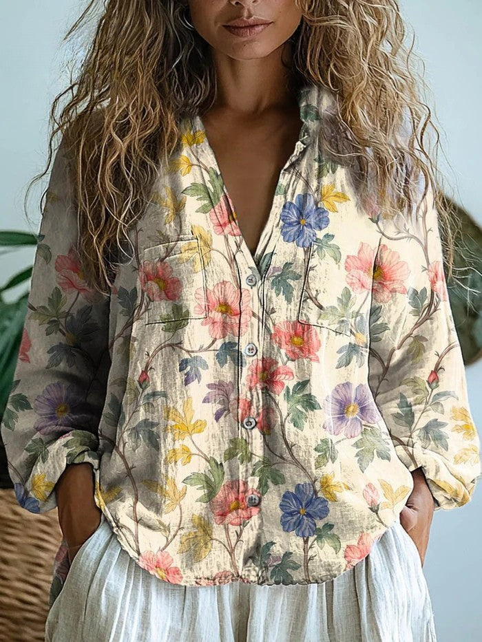 Helena™ | Vintage Wildflower Relaxed Button-Down Blouse
