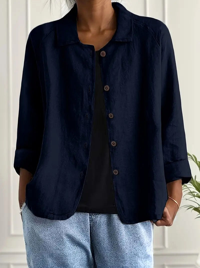 Jessette™ | Classic Navy Relaxed Button-Front Blouse