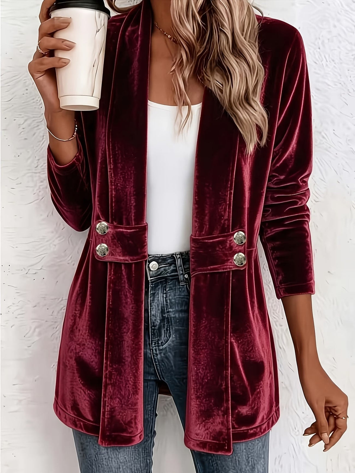 Olivia™ | Wine Velvet Button-Tab Longline Cardigan