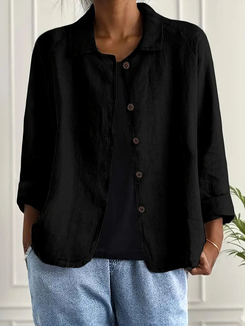 Ysolde™ | Classic Black Relaxed Button-Front Blouse