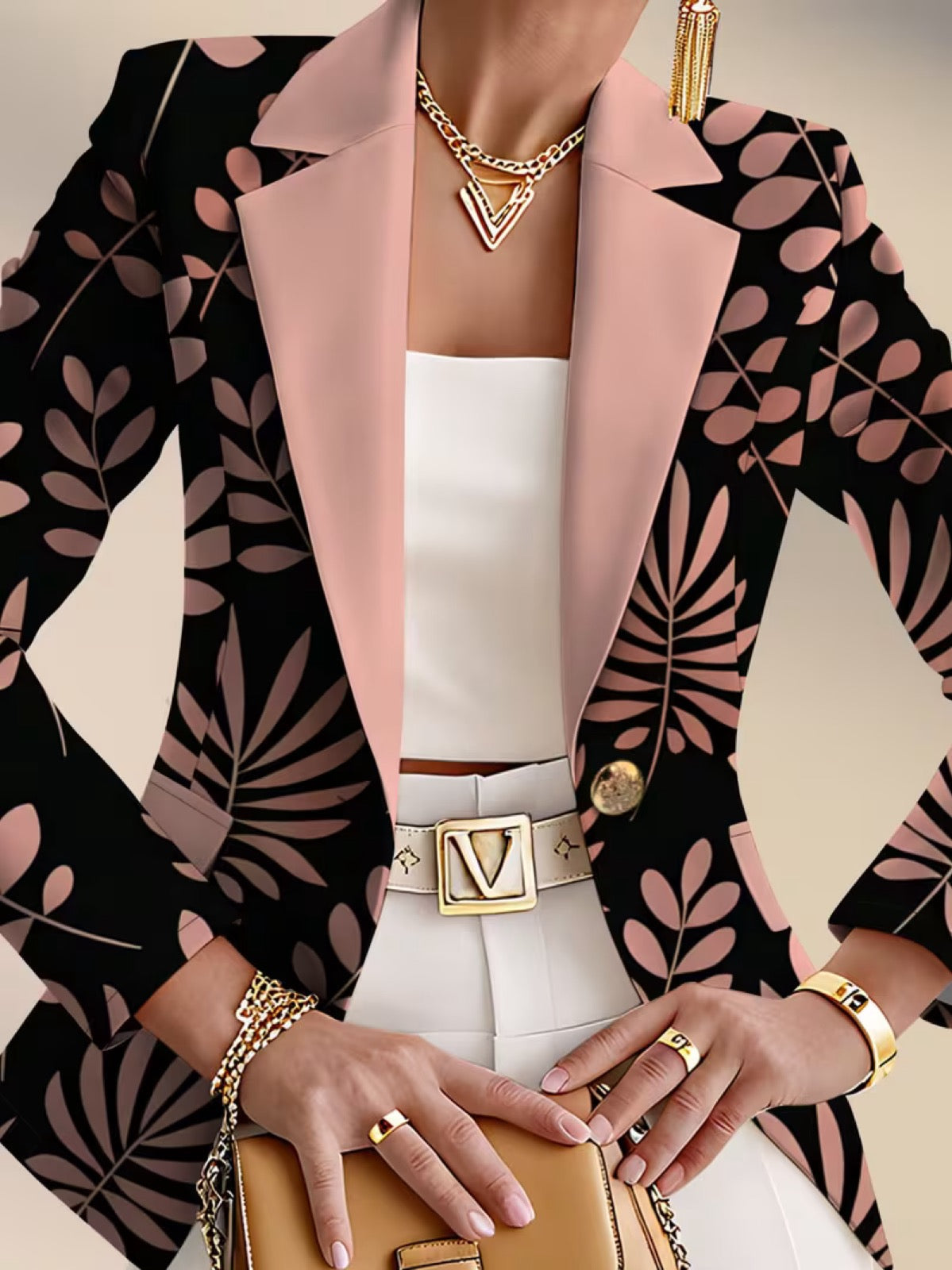 Evalina™ | Pink Leaf Print Tailored Blazer