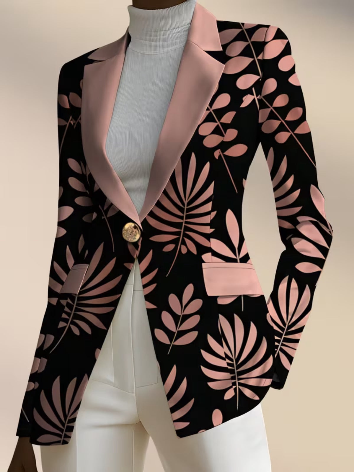Evalina™ | Pink Leaf Print Tailored Blazer