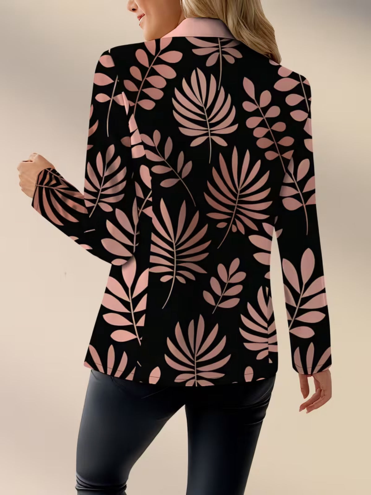 Evalina™ | Pink Leaf Print Tailored Blazer