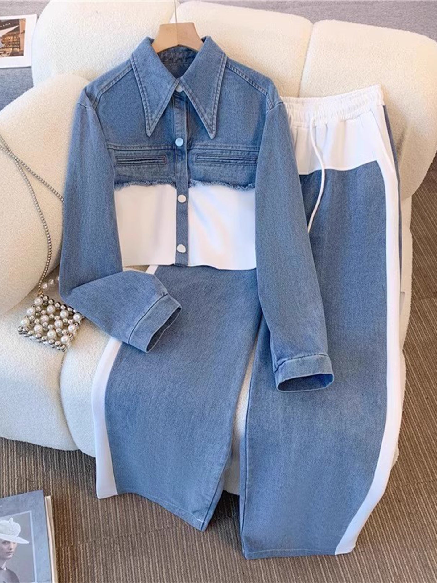 Holbrook™ | Color-Block Cropped Denim Jacket & Wide-Leg Pants Set
