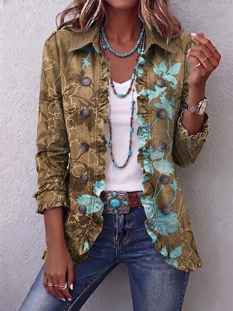 Sandara™ | Bohemian Turquoise Floral Ruffle Jacket