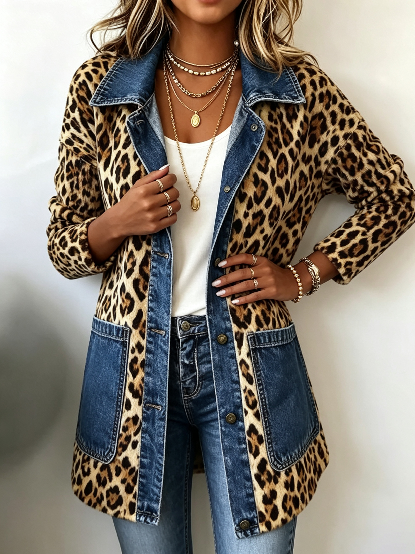 Fablenne™ | Leopard Print & Denim Contrast Longline Jacket