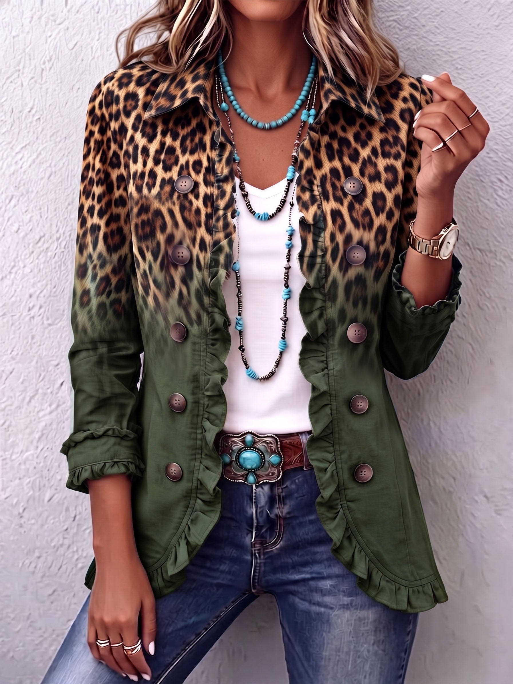 Elspeth™ | Leopard Ombré Ruffle-Trim Jacket